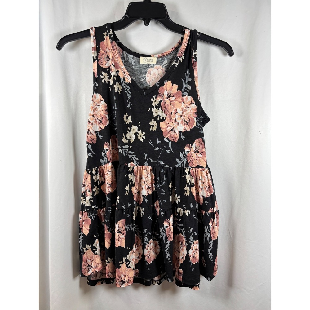 Be Stage Womens Floral Peplum Tank Top Black Peach V-Neck Tiered Ruffle Medium